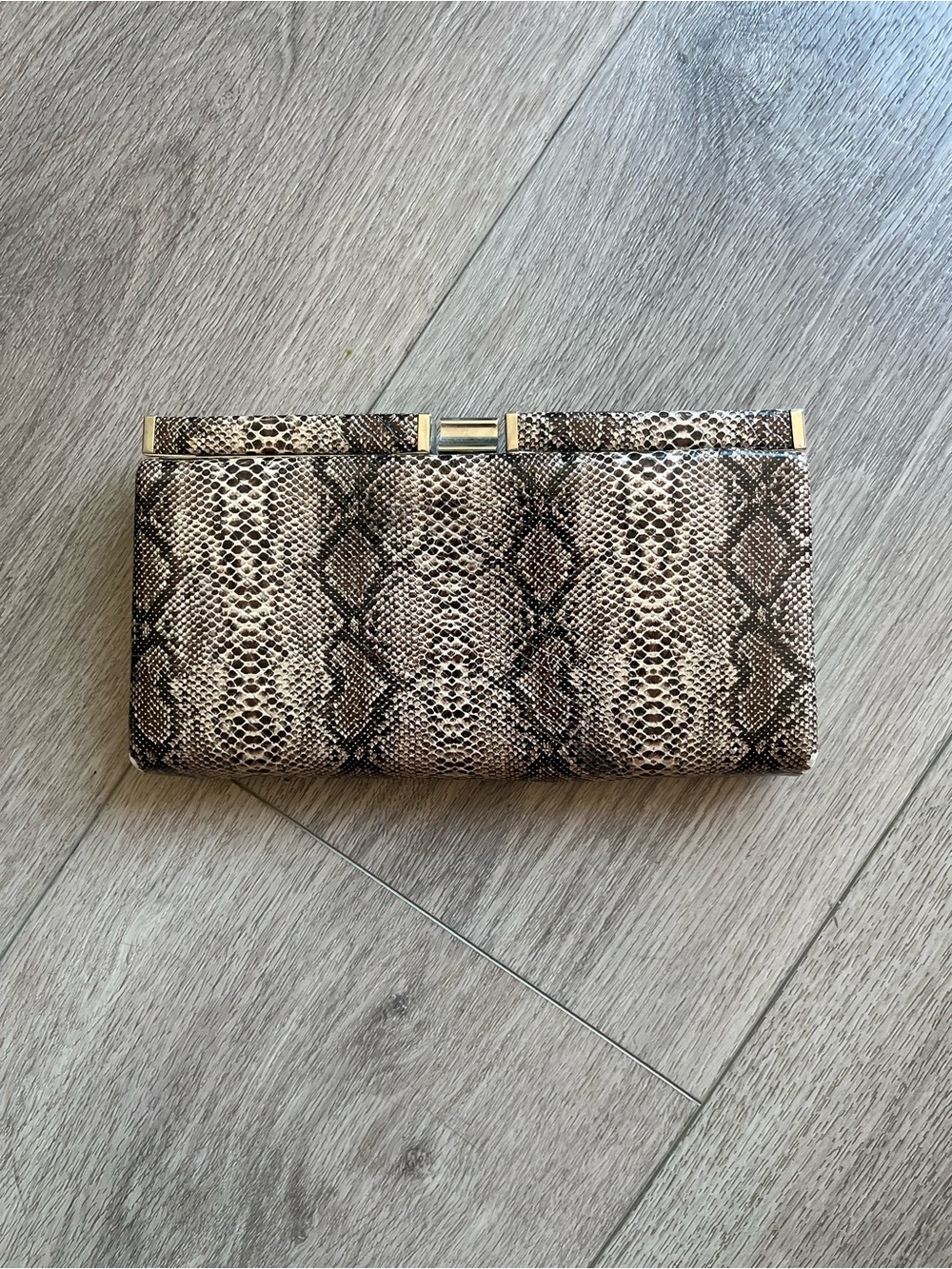 Snake-Print Clutch Wallet in Neutral Tones